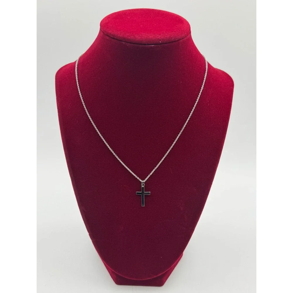 Vintage Sterling Silver Black Enamel Cross Pendant Necklace 18 Inch Chain